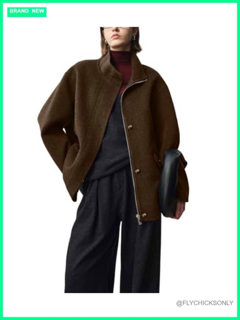 Women's Winter Stand Collar Wool Blend Trench Pea Coat Zip Up with Pockets